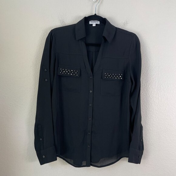 Express Portofino Shirt Womens Small Black Embellished Pockets Roll Tab Sleeve - Picture 1 of 8